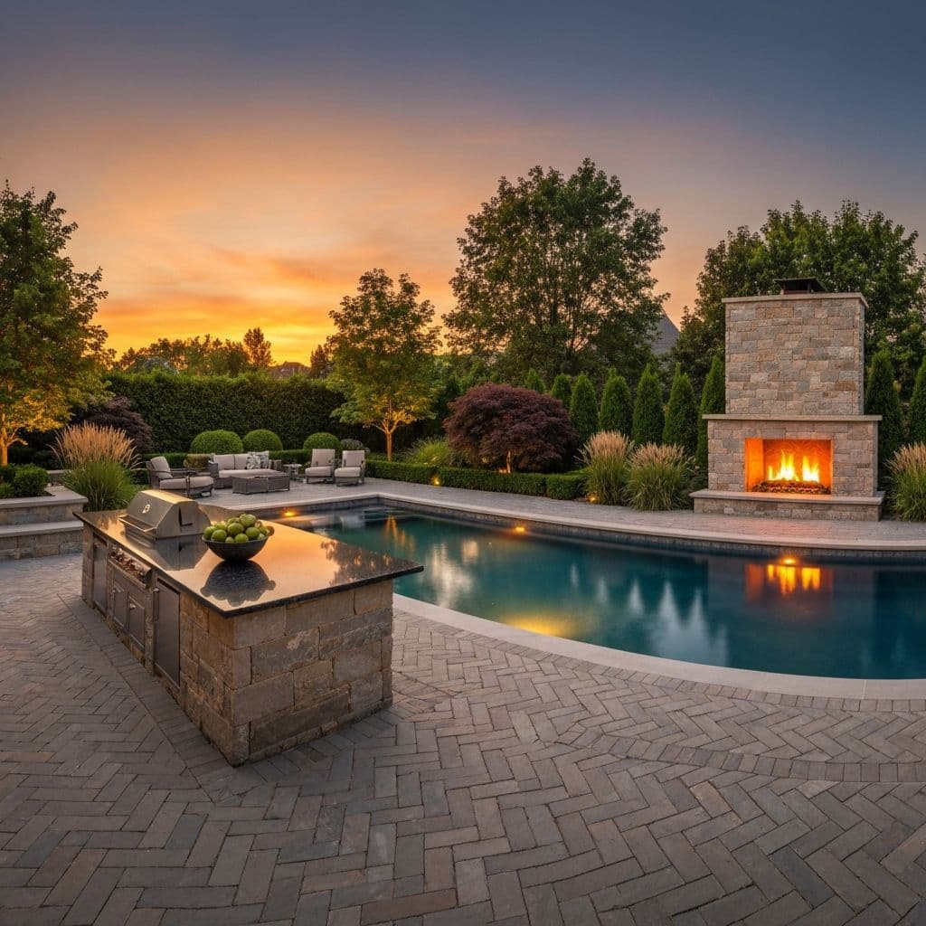 Luxury estate landscape with natural stone patio and pool by Cavemen Landscapes